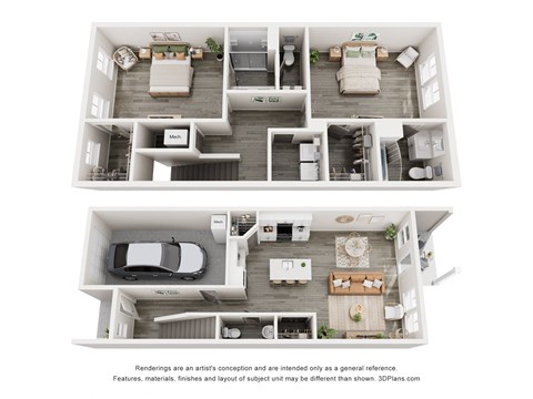 West Park Townhomes in Augusta, GA photo of two bedroom floorplan with attached garage